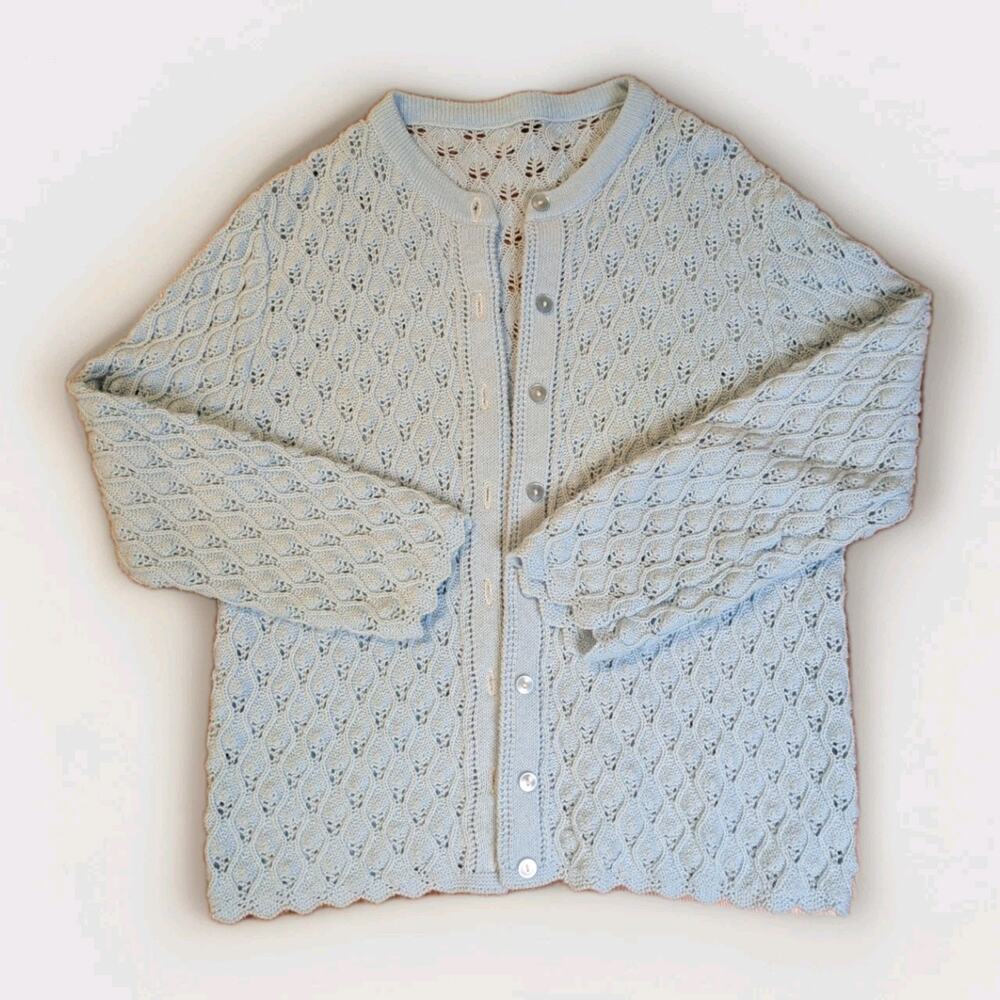 Vintage Light Blue Knit Cardigan Women M/L Crochet Grandmacore Cottagecore Rare